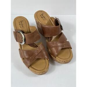 B.O.C By Born Women's 8 Leather Cork Wedge Sandals Cognac Heel Distressed Boho